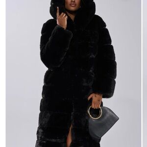 Azalea Wang Hooded Panel Black Faux Fur Coat